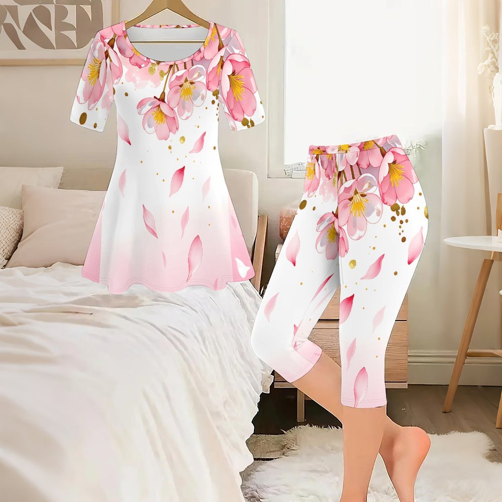 Romper Floral Print - 2피스 빈티지 프린트 투피스 세트 여성