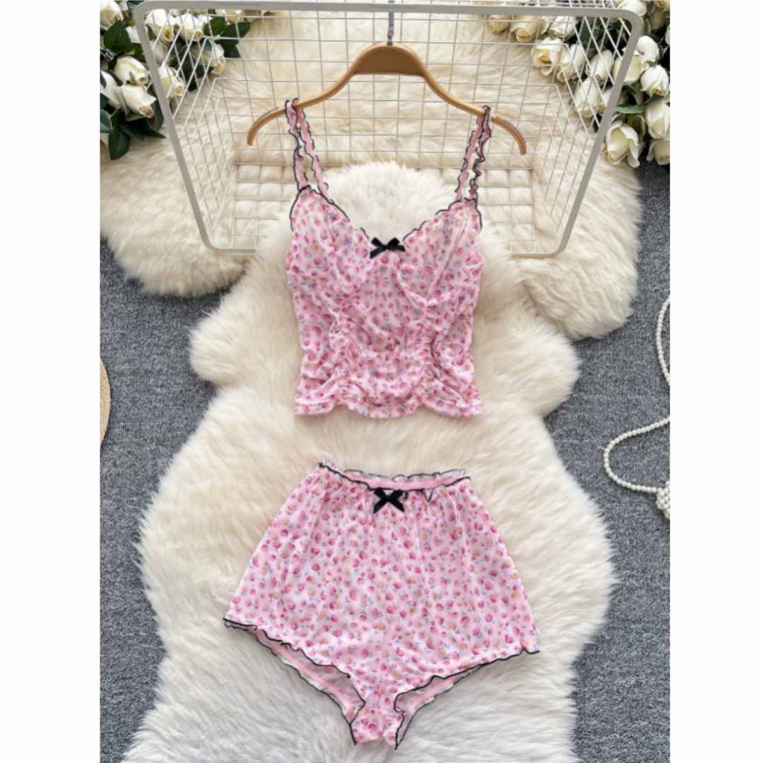 Romper Floral Print - 여성용 사랑스러운 홈웨어 세트, 플로럴 프린트,
