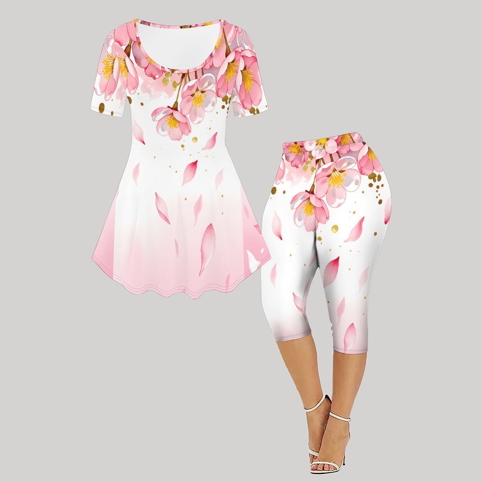 2피스 빈티지 프린트 투피스 세트 여성 캐주얼 반팔 엘 - Romper Floral Print 리뷰 및 가격