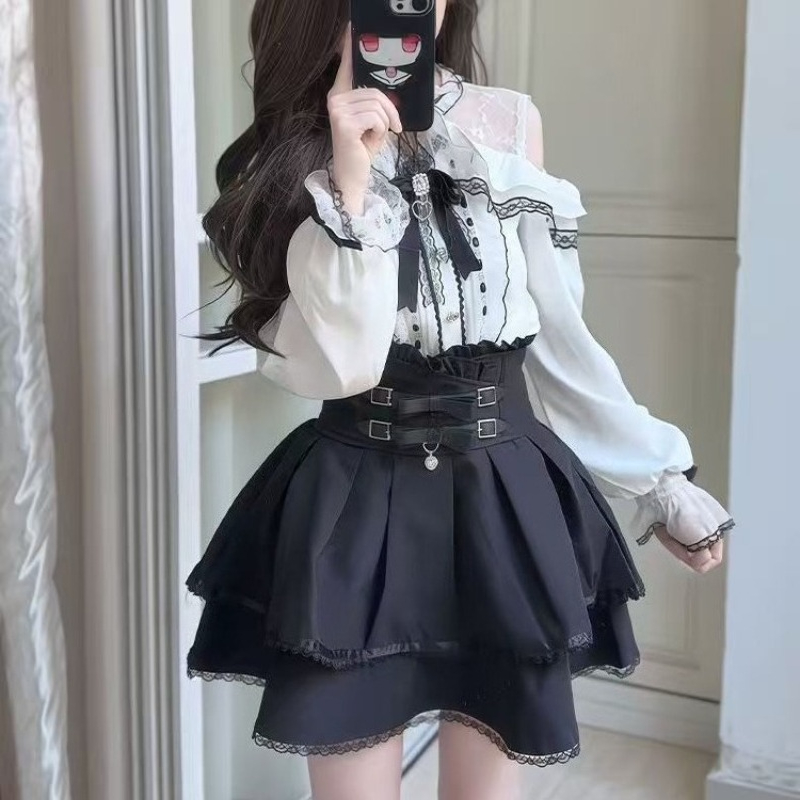 일본 고딕 Y2K 로리타 스타일 세트 여성용 달콤한 레 - Blouse Off Shoulder 리뷰 및 가격