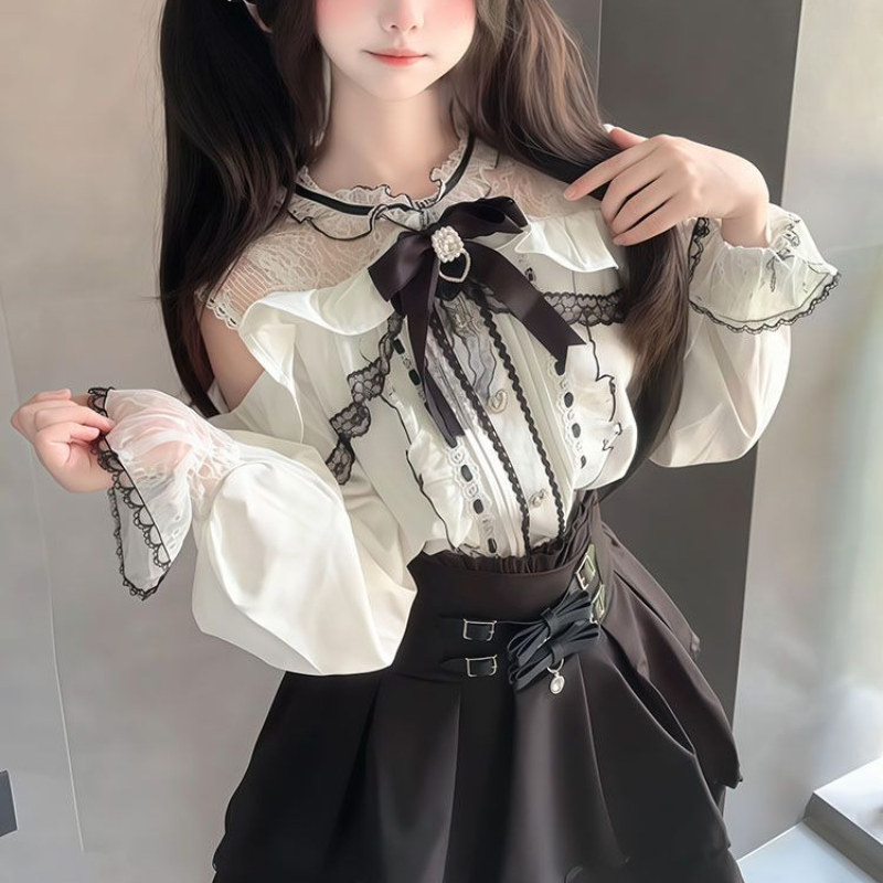 일본 고딕 Y2K 로리타 스타일 세트 여성용 달콤한 레 - Blouse Off Shoulder 리뷰 및 가격