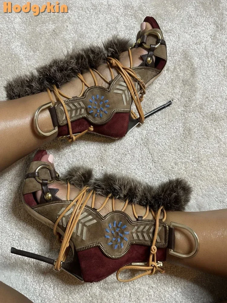 패치워크 스웨이드 인조 모피 장식 샌들 레트로 라운드  - Sandal Strappy Heeled 리뷰 및 가격